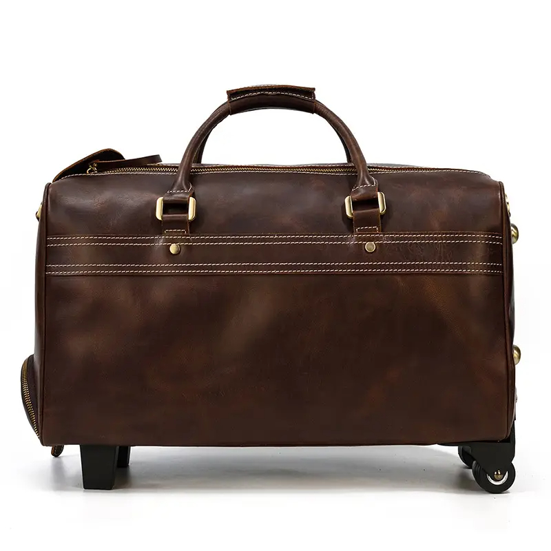 Miseleyio Genuine Leather Luggage Travel Wheel Duffle Bag Weekend Overnight Bag Rolling Suitcase Cow Leather Trolley Bag