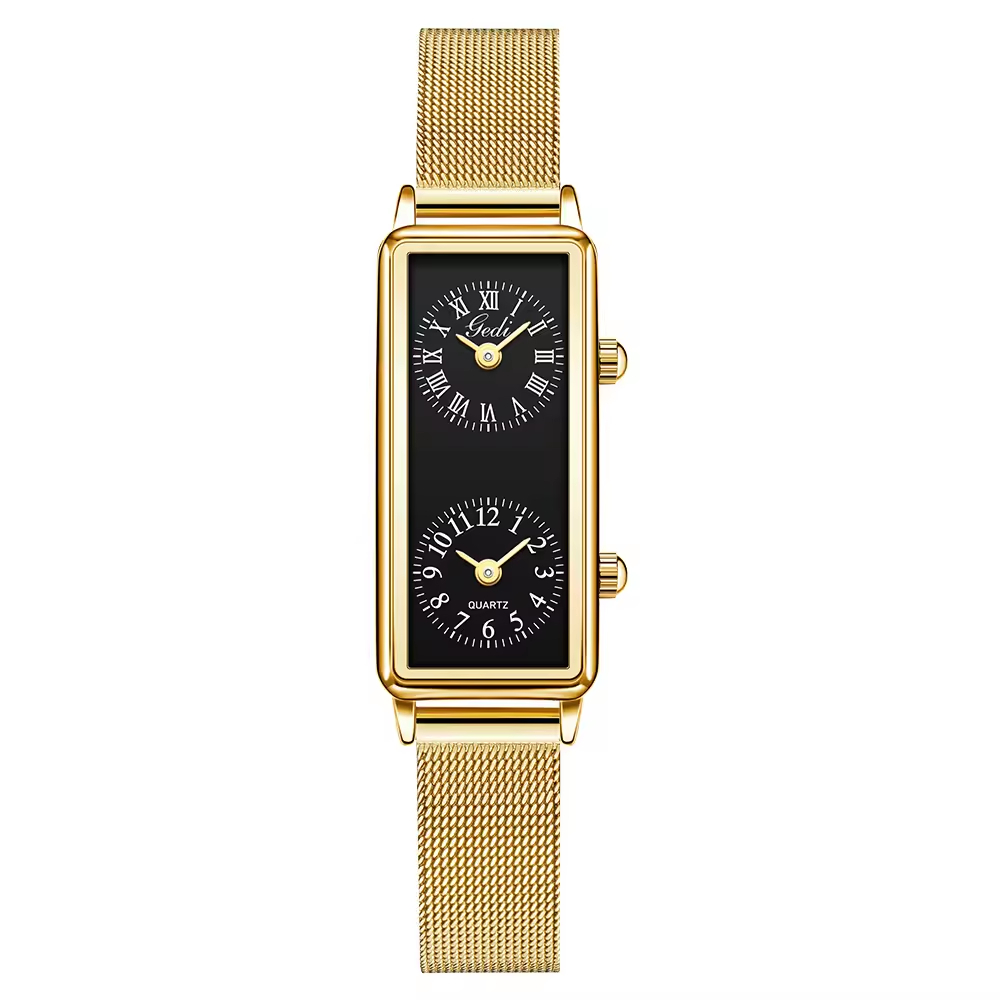 Creative Dual Time Zone Niche Retro Rectangular Women's High-end Dual Movement Waterproof Quartz Watch