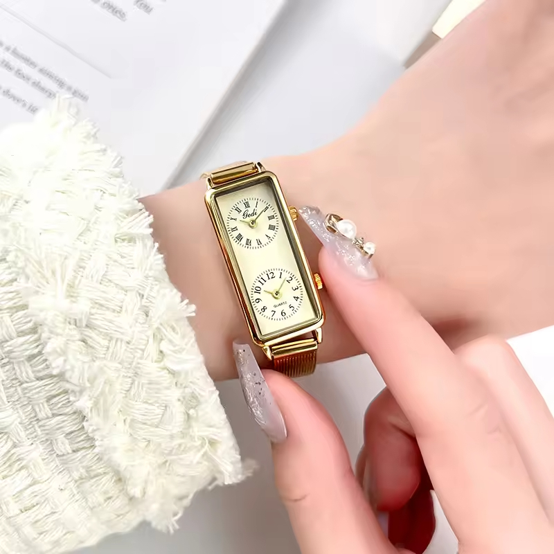 Creative Dual Time Zone Niche Retro Rectangular Women's High-end Dual Movement Waterproof Quartz Watch