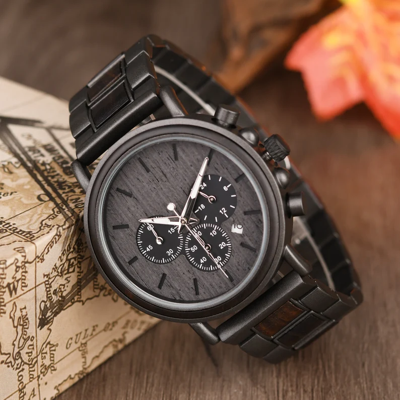 Personalized Ebony Wood Watch, Engraved Anniversary Gift for Men