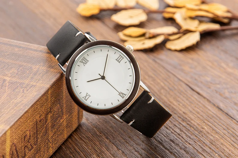 Men's Ebony Wood Watch, Leather Band, Personalized Engraved Gift
