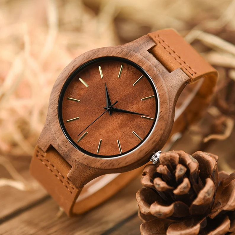 Men's Engraved Wood Watch, Personalized Birthday Christmas Gift for Him, Leather Strap
