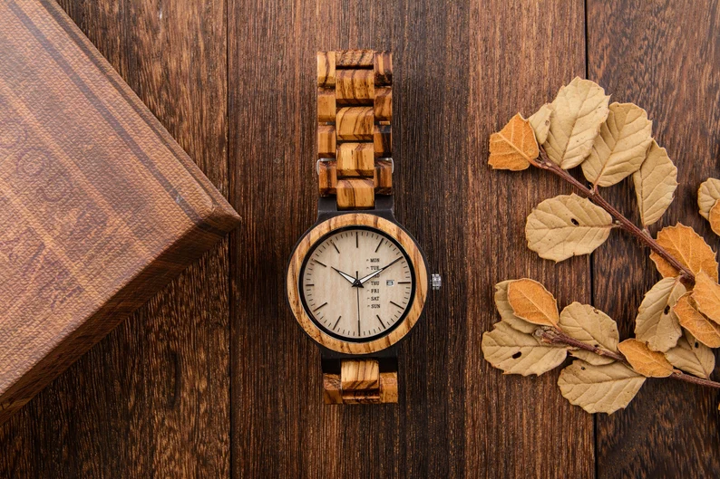 Custom Watch for Men Engraved Wood Watch Personalized Men's Wooden Watch Week and Date Display Christmas Gift for Son from Mom Dad