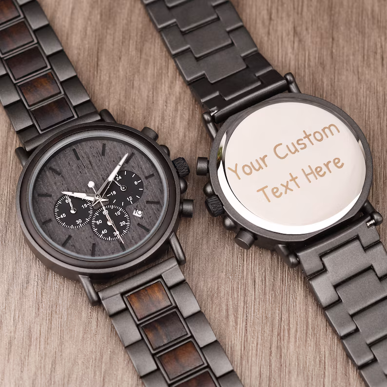 Personalized Ebony Wood Watch, Engraved Anniversary Gift for Men