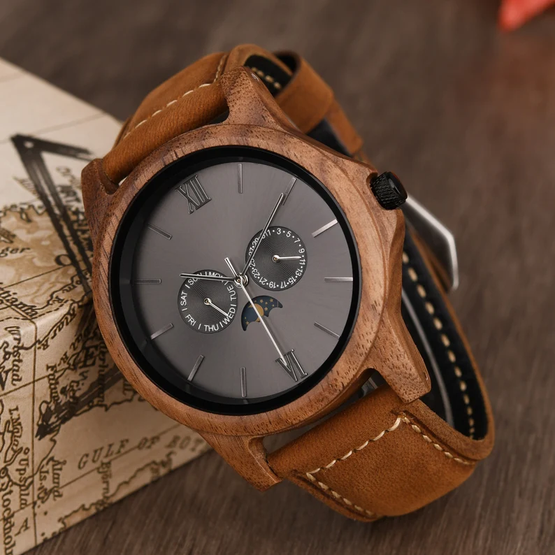 Wood Watch, Custom Mens Watch, Engraved Wood Watch, Walnut Watch with Leather Stap, Anniversary Watch for Him, Moon Phrase Date Week