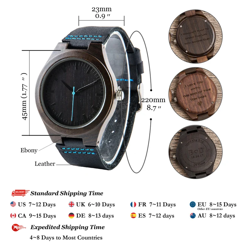Men's Engraved Wood Watch, 5th Anniversary Gift for Husband Boyfriend