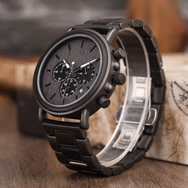 Personalized Ebony Wood Watch, Engraved Anniversary Gift for Men