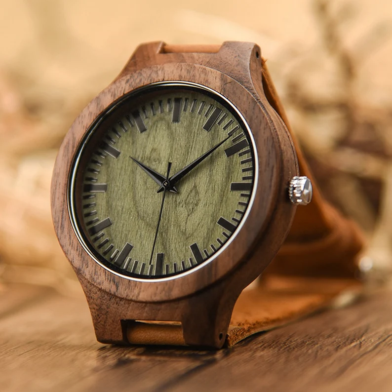 Men's Engraved Wood Watch, Personalized Birthday Christmas Gift for Him, Leather Strap