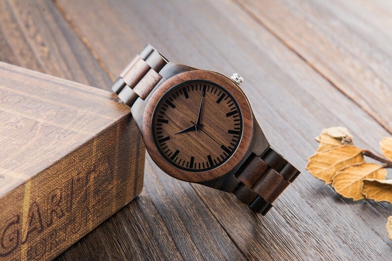 Wood Watch for Men, Custom Engraved Watch, Father's Day Gift for Dad, Gift for Father Husband Boyfriend, Walnut Ebony Wooden Watch