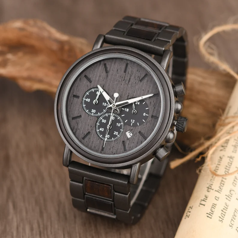 Personalized Ebony Wood Watch, Engraved Anniversary Gift for Men