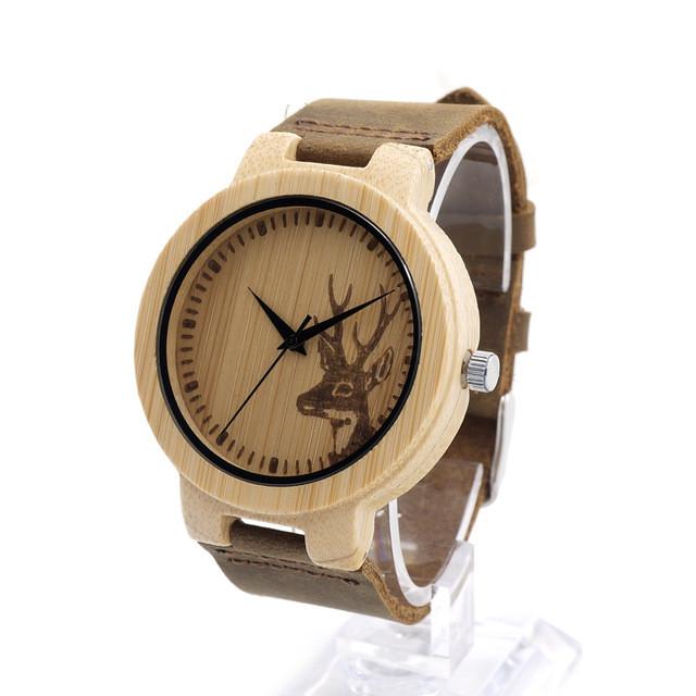 DQ---Wooden Bamboo Watch with Deer and Analog Dial Leather Band