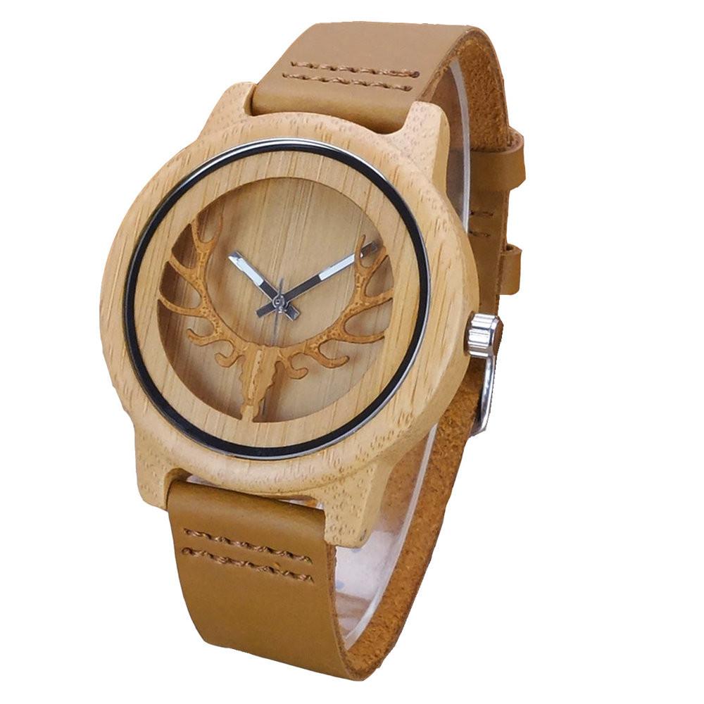 DQ---Wooden Bamboo Watch with Deer and Analog Dial Leather Band