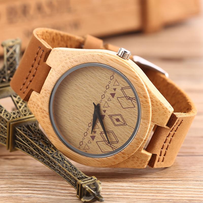 Vintage Hand Made Genuine Bamboo Wooden Watch for Men with Leather Strap