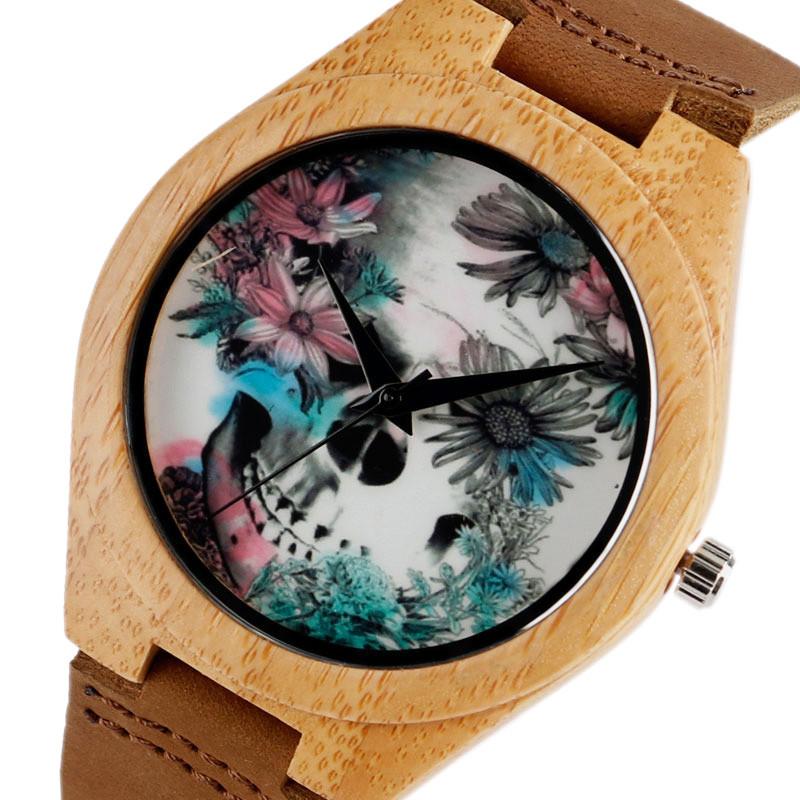 Wooden Watch for Ladies with Flower Skull Hand Made