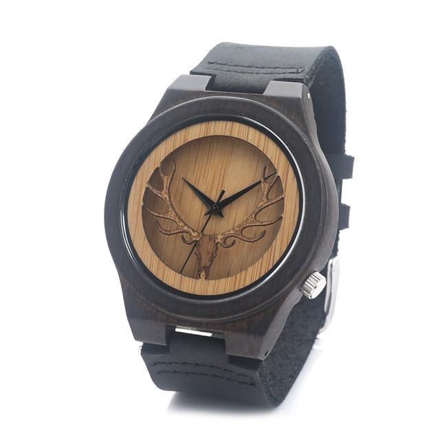 DQ---Wooden Bamboo Watch with Deer and Analog Dial Leather Band